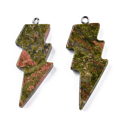 Unakite Natural Unakite Pendants, Lightning Bolt Charm, with Stainless Steel Color Tone 304 Stainless Steel Loops, 40~44.5x17~20x4.5~6mm, Hole: 2mm