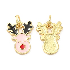 Deer Christmas Rack Plating Brass Enamel Pendants, with Jump Ring, Lead Free & Cadmium Free, Long-Lasting Real 18K Gold Plated, Deer, 17x12x3mm, Hole: 3mm