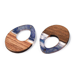 Slate Blue Transparent Resin & Walnut Wood Pendants, Hollow Teardrop Charms, Slate Blue, 37.5x28x3.5mm, Hole: 2mm