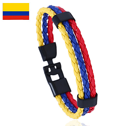 Yellow Flag Color Imitation Leather Triple Line Cord Bracelet with Alloy Clasp, National Theme Jewelry for Men Women, Yellow, 8-1/4 inch(21cm)