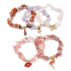 Mixed Shapes Natural & Synthetic Mixed Gemstone Chips Beaded Stretch Bracelet, Alloy Enamel Charms Valentine's Day Theme Bracelet, Mixed Shapes, Inner Diameter: 1-7/8~2-1/8 inch(4.8~5.5cm)