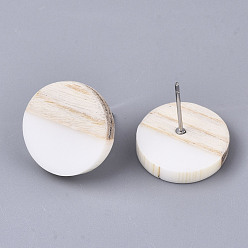 Creamy White Resin & Wood Stud Earrings, with 304 Stainless Steel Pin, Flat Round, Creamy White, 15mm, Pin: 0.7mm