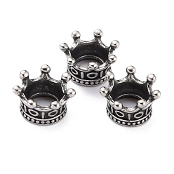 Antique Silver 316 Surgical Stainless Steel European Beads, Large Hole Beads, Crown, Antique Silver, 6x10mm, Hole: 5mm
