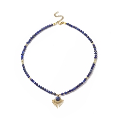 Lapis Lazuli Natural Lapis Lazuli Beaded Necklaces, 304 Stainless Steel Fan Pendant Necklaces with Lobster Claw Clasp & Chain Extender for Women, 16-3/4 inch(42.5cm)