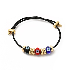 Noir Mauvais œil au chalumeau et bracelet perlé en laiton, Bracelet réglable en corde torsadée en acier inoxydable pour femme, noir, diamètre intérieur: 2~3-1/2 pouce (5-9 cm)