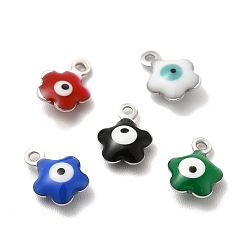 Mixed Color 304 Stainless Steel Enamel Charms, Flower with Evil Eye Charm, Stainless Steel Color, Mixed Color, 8.5x6.5x2.5mm, Hole: 1mm