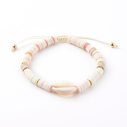 White Adjustable Nylon Thread Braided Beads Bracelets, with Natural Cowrie Shell, Polymer Clay Heishi Beads and Brass Beads, Golden, White, Inner Diameter: 2-1/8~2-7/8 inch(5.5~7.4cm)
