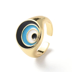 Black Evil Eye Rack Plating Brass Enamel Cuff Ring for Women, Wide Band Open Finger Ring, Lead Free & Cadmium Free, Real 18K Gold Plated, Black, Inner Diameter: US Size 7(17.3mm)
