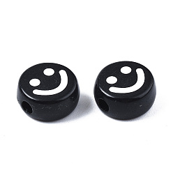 Black Opaque Acrylic Beads, Flat Round with Smiling Face, Black, 10x4.5mm, Hole: 2mm, about 1580pcs/500g