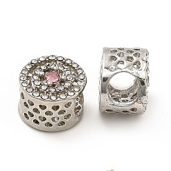 Rose Clair Accumuler strass de placage en alliage de perles européennes, Perles avec un grand trou   , plat rond, platine, rose clair, 11.5x8.5mm, Trou: 5mm