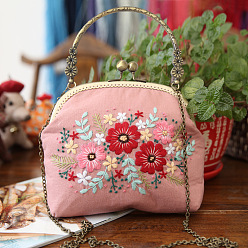 Pink DIY Kiss Lock Coin Purse Embroidery Kit, Including Embroidered Fabric, Embroidery Needles & Thread, Metal Purse Handle, Flower Pattern, Pink, 210x165x40mm
