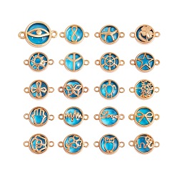 Dodger Blue 40Pcs 20 Style Glass Links/Connectors, with Light Gold Plated Alloy Findings, Flat Round with Mixed Patterns, Dodger Blue, 13.5x19.5x5.5mm, Hole: 1.6mm, 2pcs/style