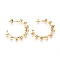 Golden 304 Stainless Steel Stud Earrings, Half Hoop Earrings, Hypoallergenic Earrings, with Round Beads and Earring Backs, Golden, 37x37.8x4mm, pin: 0.7mm