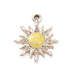 Yellow Alloy Enamel Pendants, with Crystal Rhinestone, Smiling Sun Charms, Golden, Yellow, 22.5x19.5x2.5mm, Hole: 2mm