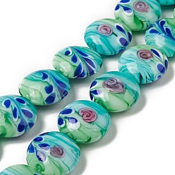 Turquoise Moyen Perles à la main Murano brin, plat et circulaire avec fleur, turquoise moyen, 20x10mm, Trou: 1.2mm, Environ 18 pcs/chapelet, 13.78 pouce (35 cm)