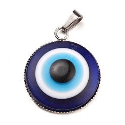 Stainless Steel Color Handmade Evil Eye Lampwork Pendants, with 304 Stainless Steel Serrated Edge Bezel Cups, Half Round, Stainless Steel Color, 31x26x7mm, Hole: 7x3mm