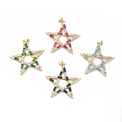 Mixed Color Rack Plating Brass Micro Pave Cubic Zirconia Pendants, Real 18K Gold Plated, Long-Lasting Plated, Lead Free & Cadmium Free, Star, Mixed Color, 34x34x3mm, Hole: 4x4mm