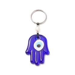Palm Handmade Lampwork Blue Evil Eye Keychain Key Ring, Natural Pearl Bead Lucky Eyes Charm for Good Luck and Protection, Hamsa Hand, Palm, 9.3cm, Pendant: 50x36x6mm