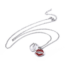Stainless Steel Color 304 Stainless Steel Pendant Necklaces, with Polymer Clay Rhinestone, Lip, Stainless Steel Color, 17.5 inch(44.5cm), Pendant: 17.5x17x1mm and 16x15x2mm