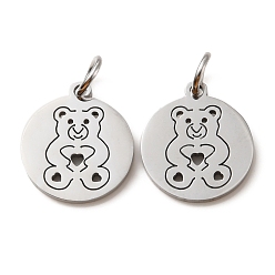 Bear 304 Stainless Steel Charms, Laser Cut, with Jump Ring, Stainless Steel Color, Flat Round Charm, Bear, 13.5x12x1mm, Hole: 3.6mm