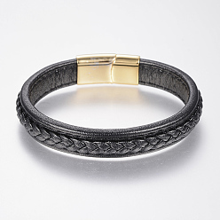 Черный Плетеные браслеты шнур кожаный, с 304 из нержавеющей стали магнитные застежки, чёрные, 8-5/8 дюйм (220 мм), 29x14x8 мм