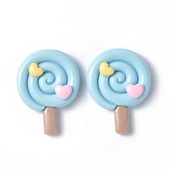 Sky Blue Opaque Resin Cabochons, Lollipop with Heart, Sky Blue, 34.5x26x8.5mm