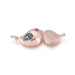 Rose Gold Brass Micro Pave Cubic Zirconia Links, with Abalone Shell/Paua Shell, Bird, Colorful, Rose Gold, 12x34x6.8mm, Hole: 1.2mm