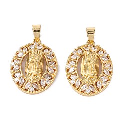 Real 18K Gold Plated Brass Micro Pave Clear Cubic Zirconia Pendants, Long-Lasting Plated, Oval with Catholic, Real 18K Gold Plated, 28x20x5mm, Hole: 4.5x3.5mm