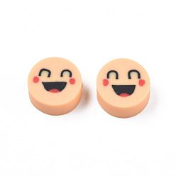 PeachPuff Handmade Polymer Clay Beads, Flat Round with Expression, PeachPuff, 9~10x4~5mm, Hole: 1.6mm