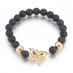 Golden Stretch Bracelets, with Long-Lasting Plated Electroplated Natural Lava Rock, Natural Lava Rock and Brass Cubic Zirconia Beads, Butterfly, Golden, 2-1/4 inch(5.6cm)