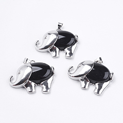 Black Agate Natural Black Agate Pendants, with Platinum Tone Brass Findings, Elephant, 29x38x10mm, Hole: 5x3.5mm