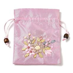 Misty Rose Flower Pattern Satin Jewelry Packing Pouches, Drawstring Gift Bags, Rectangle, Misty Rose, 14x10.5cm