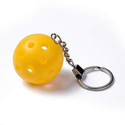 Yellow Plastic Pickleball Keychain, with Iron Ring, Round, Yellow, 11.8cm