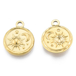 Real 18K Gold Plated Ion Plating(IP) 201 Stainless Steel Pendants, Flat Round with Sun & Moon, Real 18K Gold Plated, 19x15.5x2.5mm, Hole: 2mm