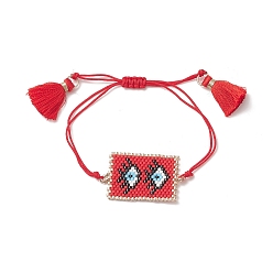 Eye Bracelets de perles tressées rectangle de graines japonaises faites à la main, bracelet à breloques pompon pour femme, diagramme de l'oeil, pendentif: 38x22x1.5 mm, diamètre intérieur maximal : 3-1/2 pouce (9 cm)