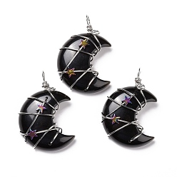 Obsidian Natural Obsidian Pendants, with Platinum Tone Brass Wire Wrapped and Hematite Star Beads, Cadmium Free & Lead Free, Moon, 45.5~47x32.5~33.5x11~12mm, Hole: 5mm