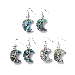Platinum Natural Paua Shell Crescent Moon Dangle Earrings, Brass Wire Wrap Jewelry for Women, Cadmium Free & Lead Free, Platinum, 48~50mm, Pin: 0.5mm
