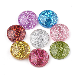 Mixed Color Resin Cabochons, with Glitter Powder, Flat Round, Mixed Color, 13.5~14x4~6mm