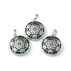 Malachite Synthetic Malachite Pendants, with Rack Plating Brass Findings, Cadmium Free & Lead Free, Flat Round with Star Charms, 32~32.5x27.5~28x7mm, Hole: 8.5x5mm