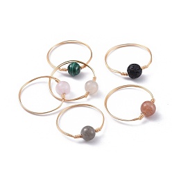 Mixed Stone Natural Gemstone Finger Rings, with Brass Copper Jewelry Wire, Golden, Size 8~10, 18~20mm