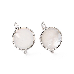 Platinum Rack Plating Brass Hoop Earring Findings with Latch Back Closure, with Natural White Shell and Horizontal Loop, Flat Round, Platinum, 16x14x11mm, Hole: 1.2mm, Pin: 0.9mm