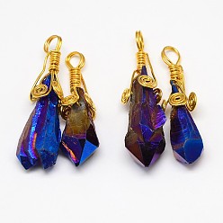 Indigo Electroplate Golden Wire Wrapped Gemstone Natural Crystal Pendants, Nuggets, Indigo, 34~51x10~16x5~10mm, Hole: 4~5mm