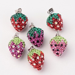 Mixed Color Polymer Clay Czech Rhinestone Pendants, Strawberry, with 925 Sterling Silver Finding, Mixed Color, 18x11.5mm, Hole: 3x4mm