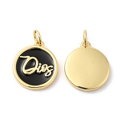 Black Real 16K Gold Plated Brass Enamel Pendants, with Jump Ring, Flat Round with Word Charms, Black, 15x13x2.5mm, Hole: 3.5mm