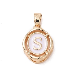 Letter S 304 Stainless Steel Enamel Pendants, Oval with Letter, Golden, White, Letter.S, 15.5x11.5x4mm, Hole: 4.5x2.5mm