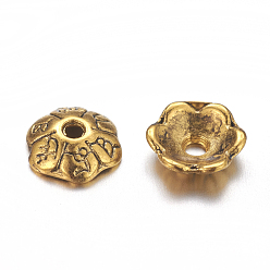 Antique Golden Tibetan Style Alloy Flower Bead Caps, 6-Petal, Cadmium Free & Nickel Free & Lead Free, Antique Golden, 6x2mm, Hole: 1mm