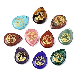 Mixed Stone Natural & Synthetic Gemstone Pendants, Teardrop with Tree of Life Pattern, 32~33.5x25~26x6.5~7.5mm, Hole: 2mm, 6pcs/bag