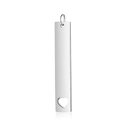 Stainless Steel Color 201 Stainless Steel Pendants, Manual Polishing, Rectangle with Heart, Stainless Steel Color, 40x7x1.5mm, Hole: 3mm