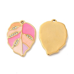 Hot Pink Real 18K Gold Plated 304 Stainless Steel Rhinestone Pendants, with Enamel, Leaf Charms, Hot Pink, 21.5x16x2mm, Hole: 1mm
