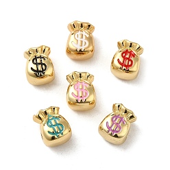 Mixed Color Rack Plating Real 18K Gold Plated Brass Enamel Beads, Cadmium Free & Lead Free, Money Bag with Dollar Sign, Mixed Color, 11x9x8.5mm, Hole: 2mm